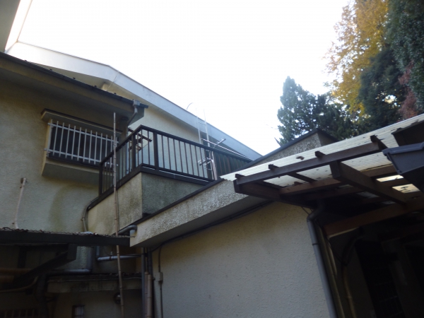 裏山の方角から見た外壁がカビだられの北側。